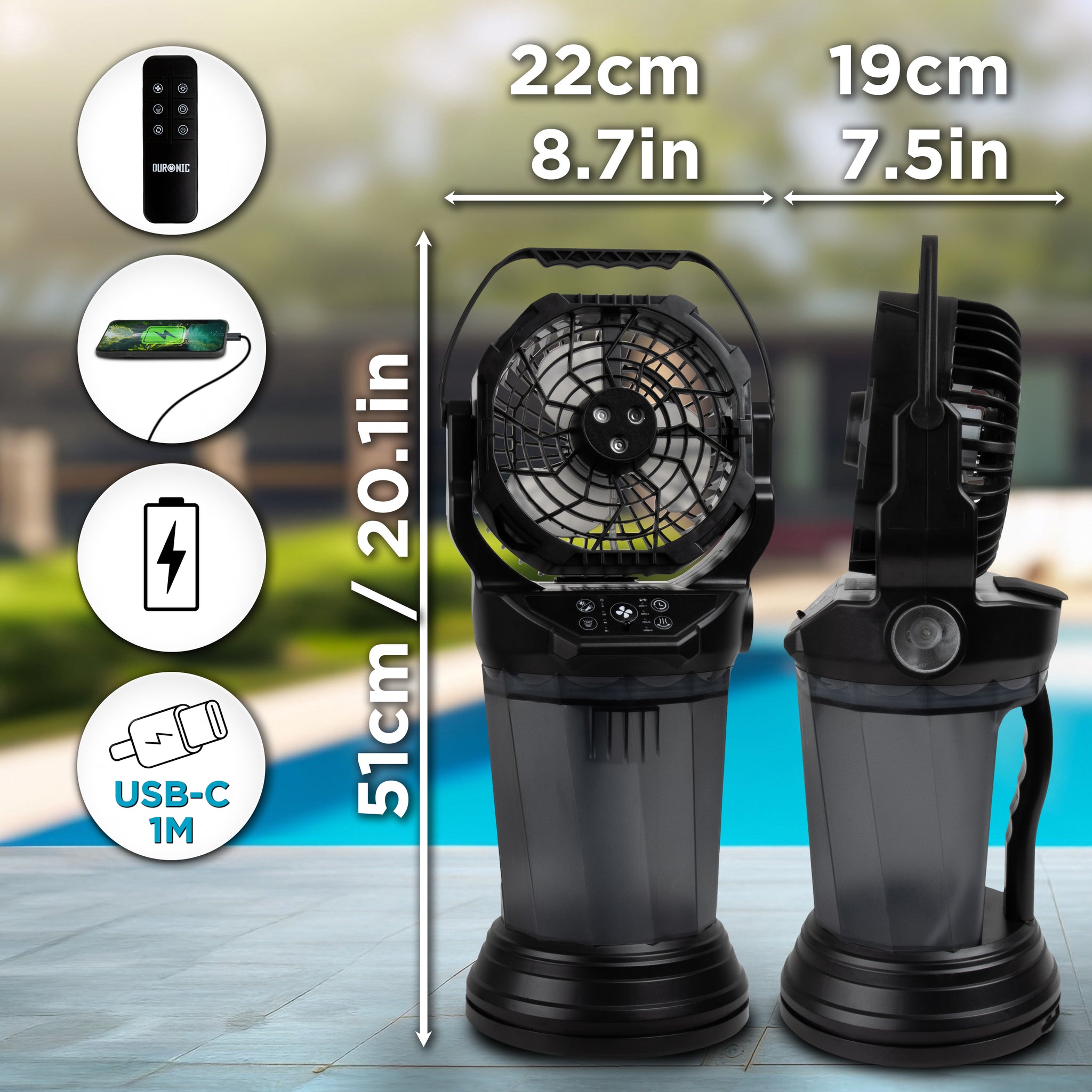Duronic FM6 BK Ventilateur de brume rechargeable Réservoir d’eau 2 litres 4 vitesses Télécommande incluse Lumières LED Lampe torche d’urgence Ventilateur portable extérieur camping pique-nique