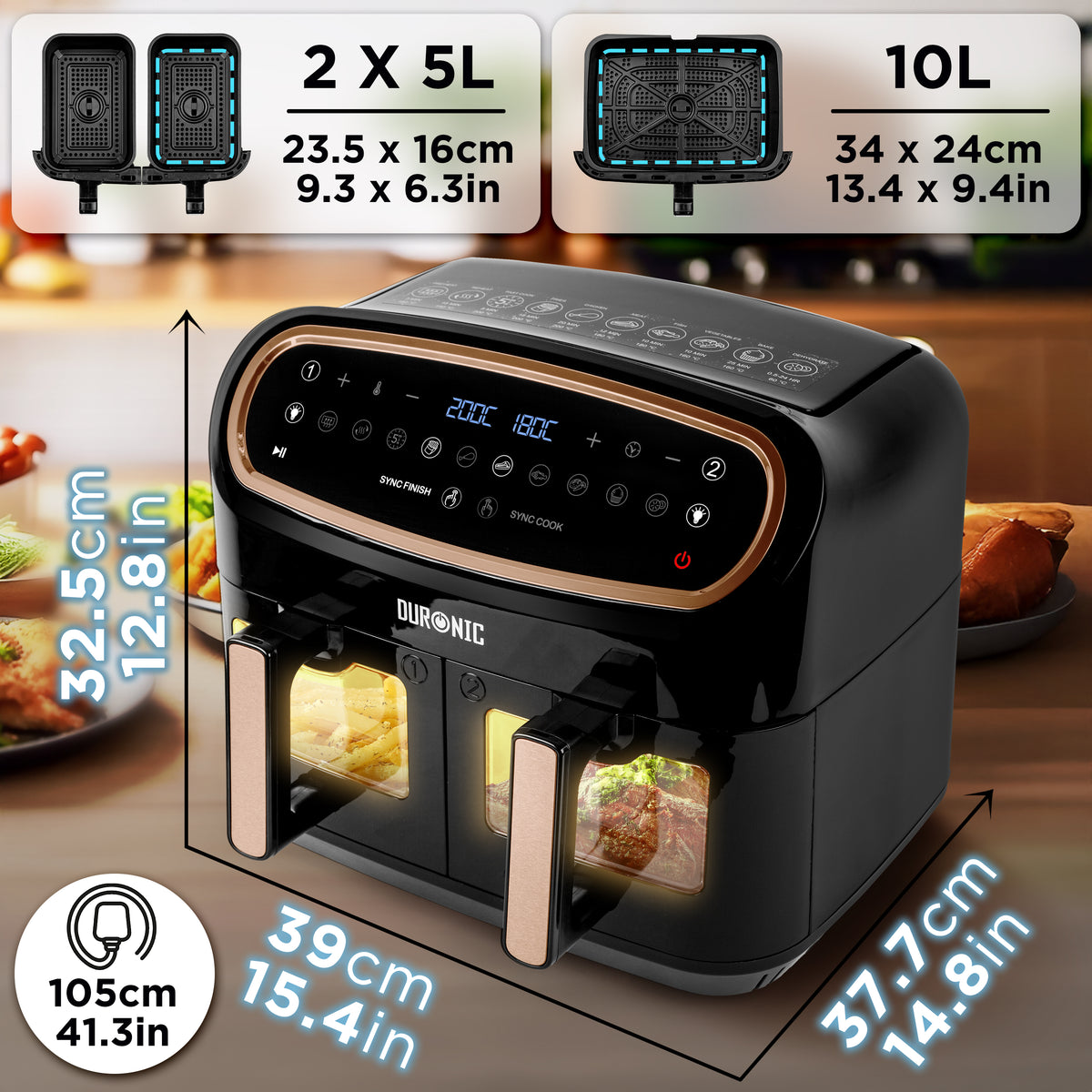 Duronic AF34 BG Set Friteuse à Air avec 1 grand tiroir de 10L et 2 petits tiroirs de 5L inclus | 10 Programmes de Cuisson Préréglés | Sans huile | Fonctions Sync Cook Sync Finish