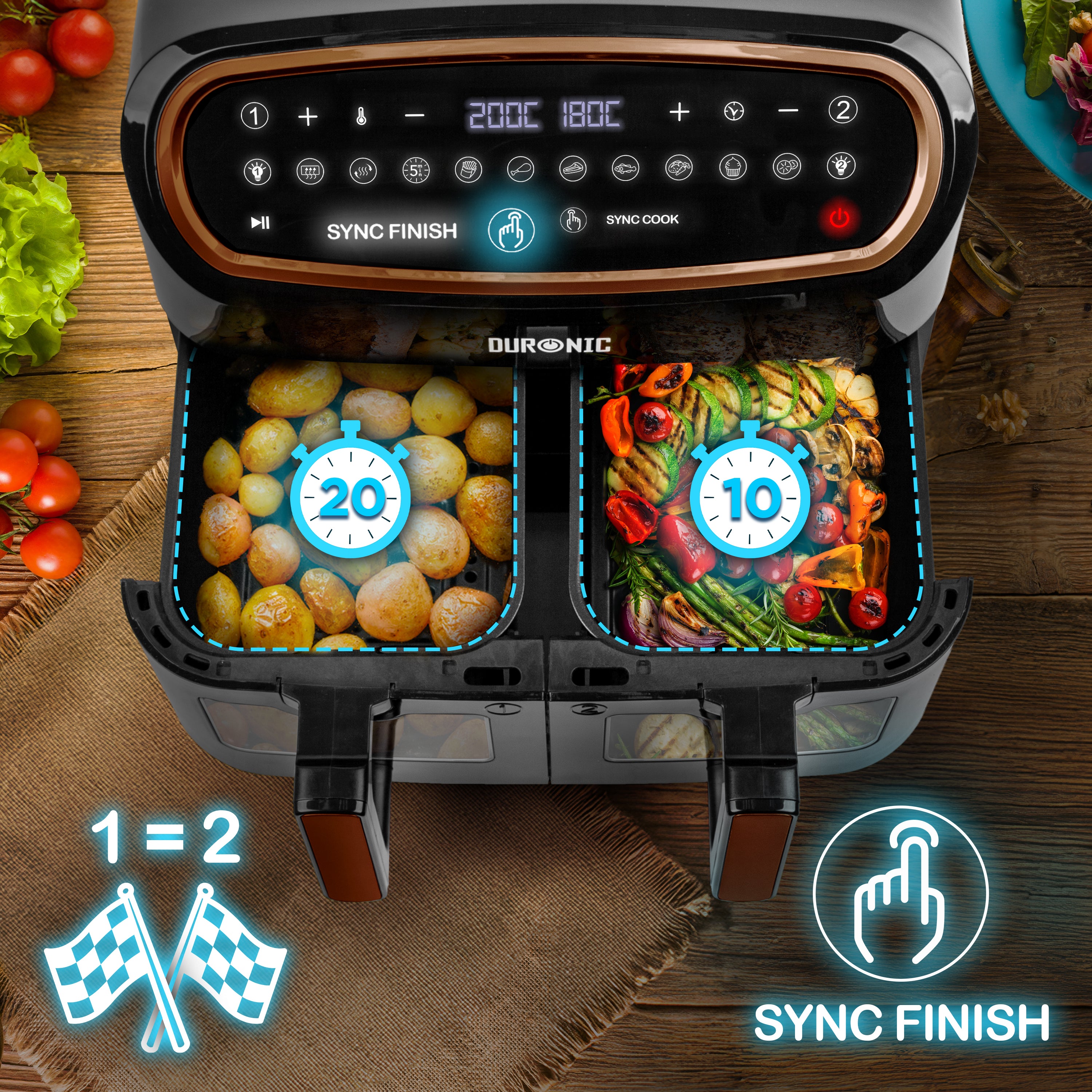 Duronic AF34 BG Set Friteuse à Air avec 1 grand tiroir de 10L et 2 petits tiroirs de 5L inclus | 10 Programmes de Cuisson Préréglés | Sans huile | Fonctions Sync Cook Sync Finish