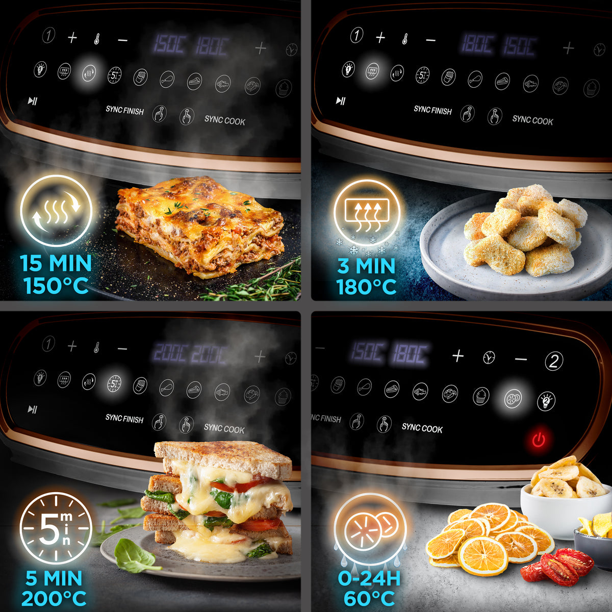 Duronic AF34 BG Set Friteuse à Air avec 1 grand tiroir de 10L et 2 petits tiroirs de 5L inclus | 10 Programmes de Cuisson Préréglés | Sans huile | Fonctions Sync Cook Sync Finish