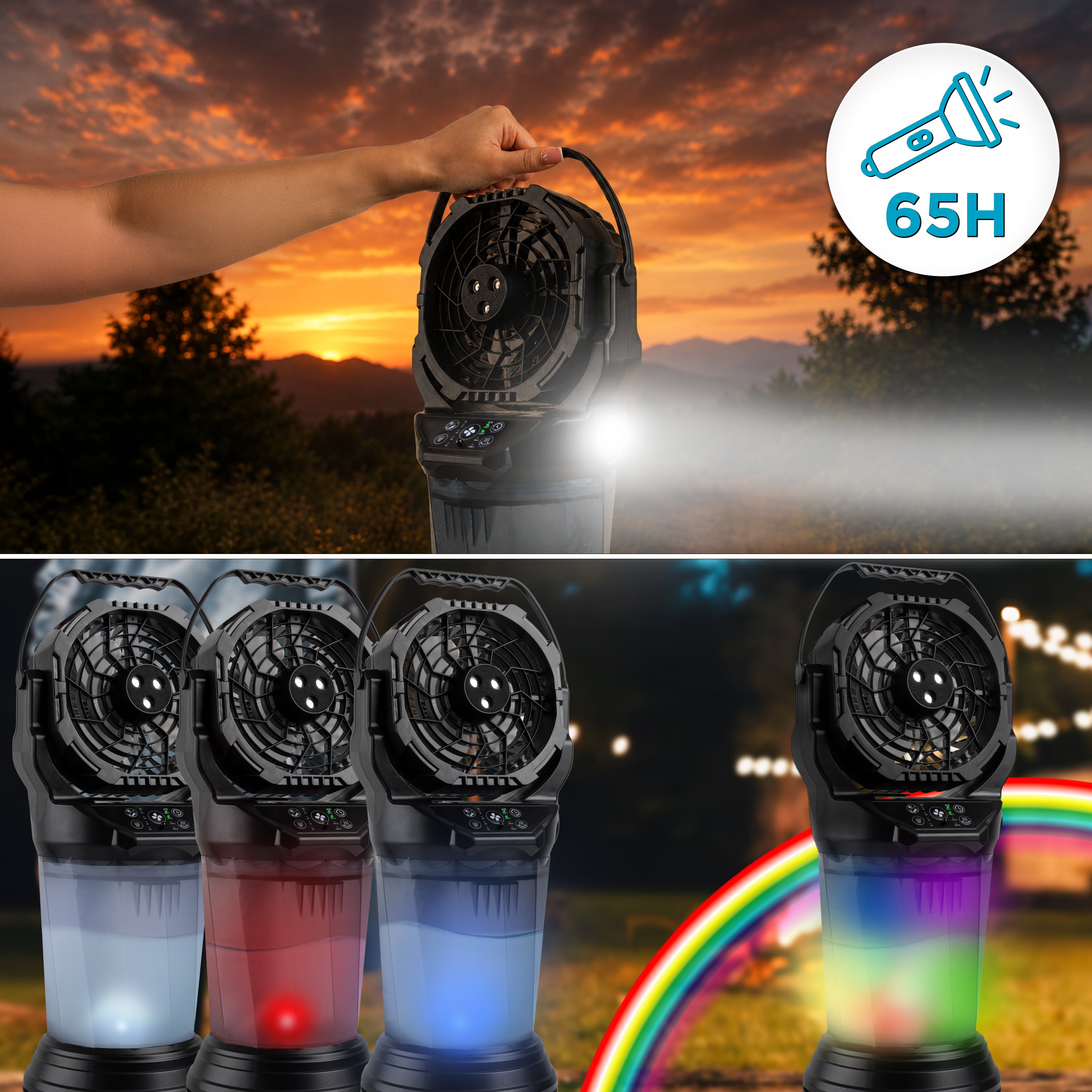 Duronic FM6 BK Ventilateur de brume rechargeable Réservoir d’eau 2 litres 4 vitesses Télécommande incluse Lumières LED Lampe torche d’urgence Ventilateur portable extérieur camping pique-nique