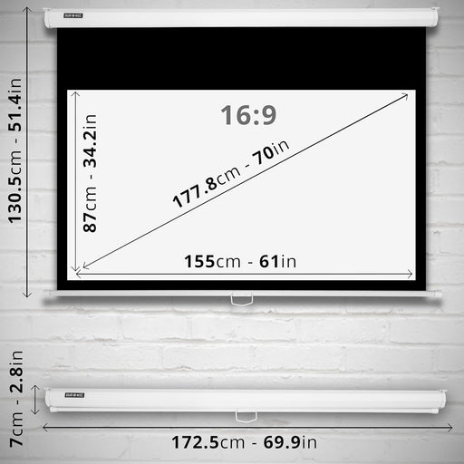 Duronic MPS70 16/9 WE Ecran de Projection TV et Home Cinema de 70 Pouces 178 cm | 155 x 87 cm | Fixation Mur ou Plafond | Déroulement Manuel | Gain +1 idéal pour 3D 8K 4K 1080P