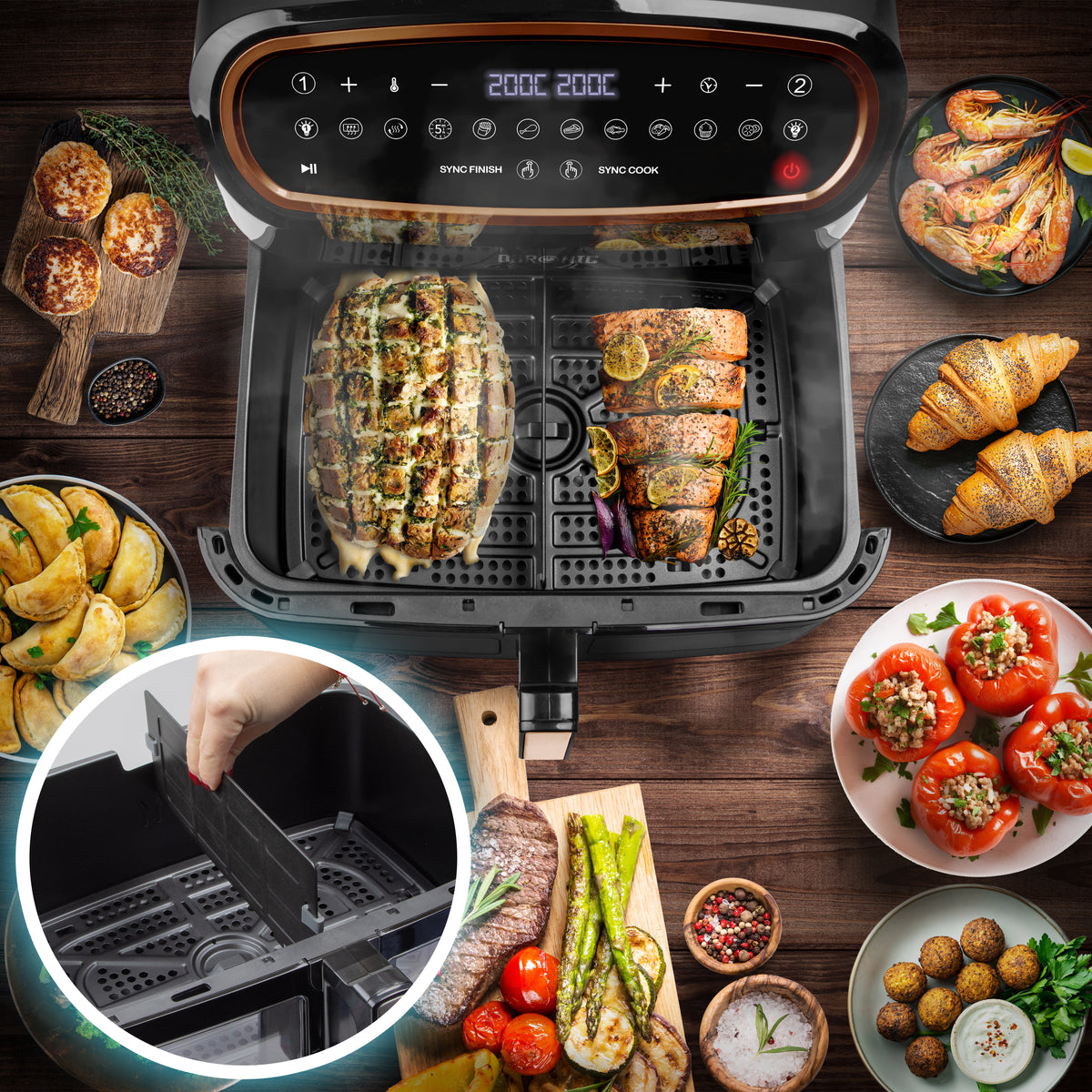 Duronic AF34 BG Set Friteuse à Air avec 1 grand tiroir de 10L et 2 petits tiroirs de 5L inclus | 10 Programmes de Cuisson Préréglés | Sans huile | Fonctions Sync Cook Sync Finish