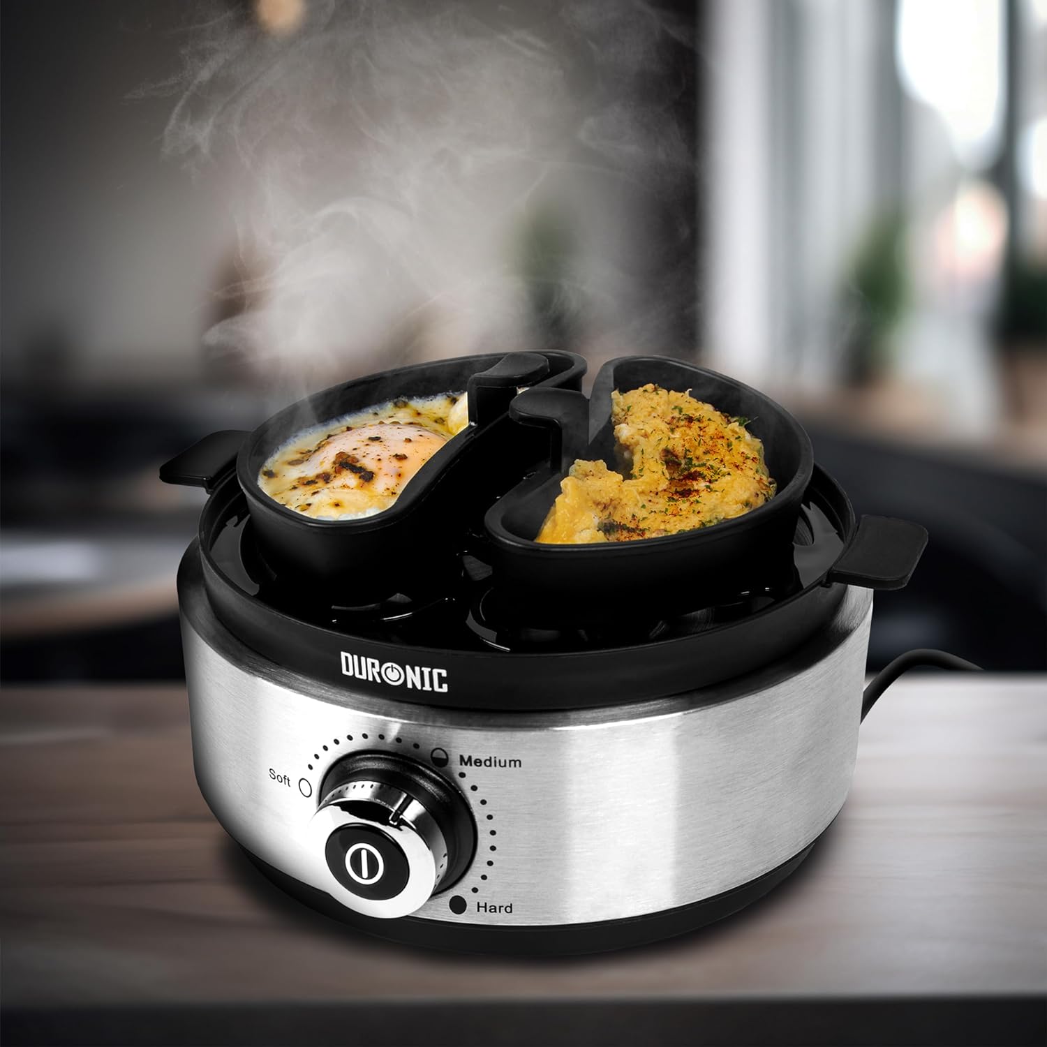 Duronic EB40 BK Cuiseur à œufs 400W 1 à 7 oeufs Thermostat et minuteur pour obtenir œufs durs ou mollets ou à la coque avec fonction dédiée pour préparer 2 types de cuisson Sans BPA