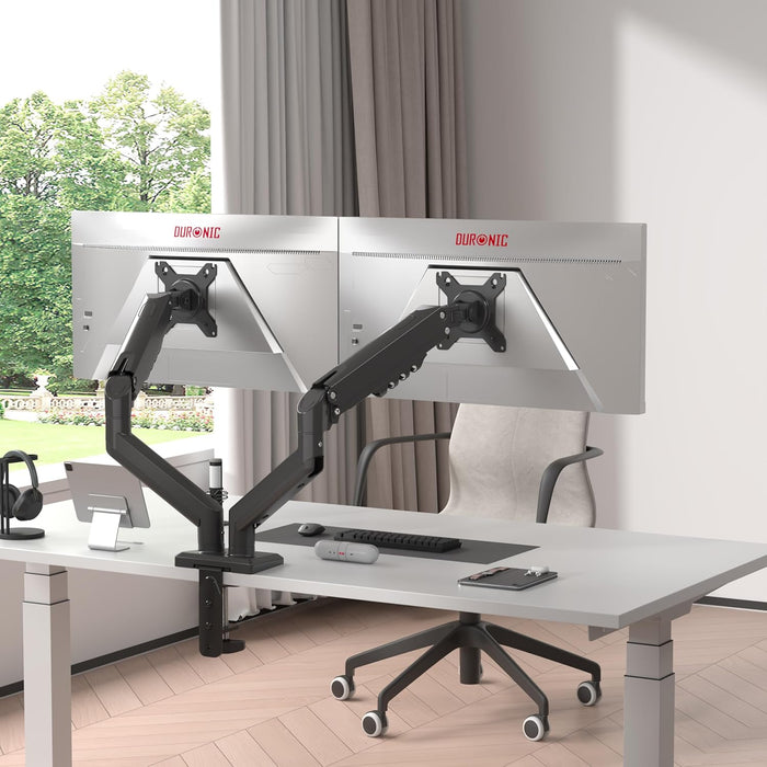 Duronic DM6A2 Bras pour 2 Ecrans d’Ordinateur Support pour Moniteurs d’écran de 13 à 32 Pouces VESA 75 100 Charge maximale de 9 kg Rotation 360° Bras avec Ressort à gaz