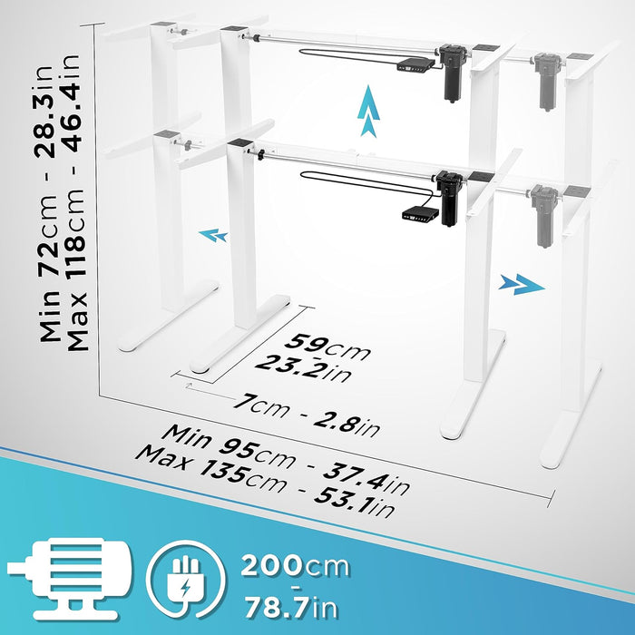 Duronic TM51 WE Structure de Bureau Assis-Debout électrique | Hauteur Ajustable de 72 à 118 cm | Charge maximale de 70 kg | Plateau de 120 140 ou 160 cm vendu séparément | Ports USB et USB-C