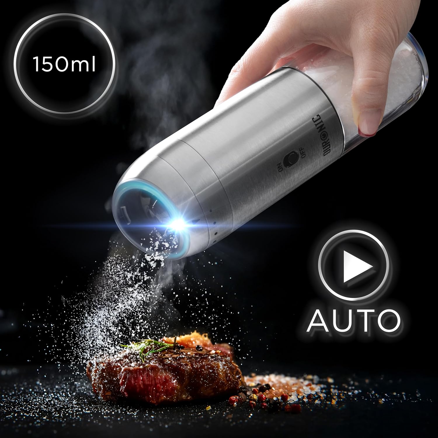 Duronic EMU3 2x Moulins à sel et poivre électriques de 150 ml Broyeur à épices Moulin automatique portable Charge USB-C avec socle