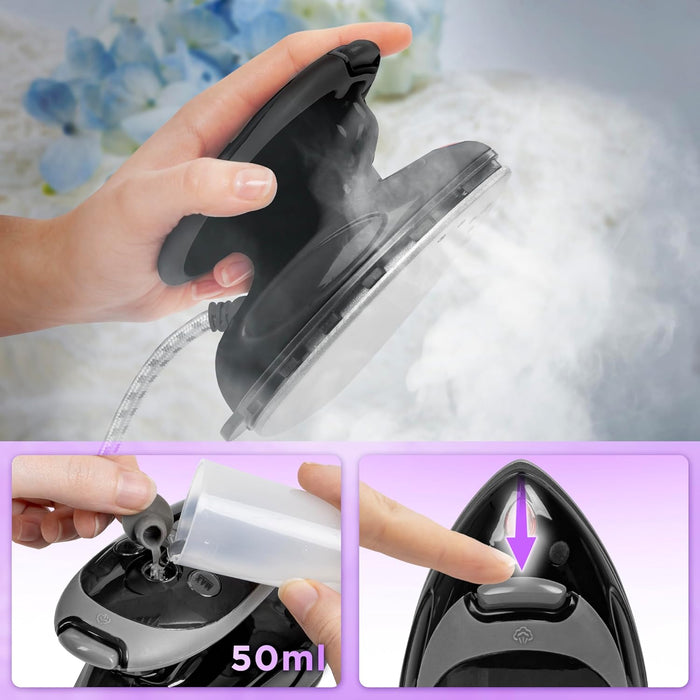 Duronic SI2 BK Fer à Repasser à Vapeur de Voyage 375W Léger et Compact 762g Semelle antiadhésive Réservoir de 50 ml avec Brosse et Pochette de Transport