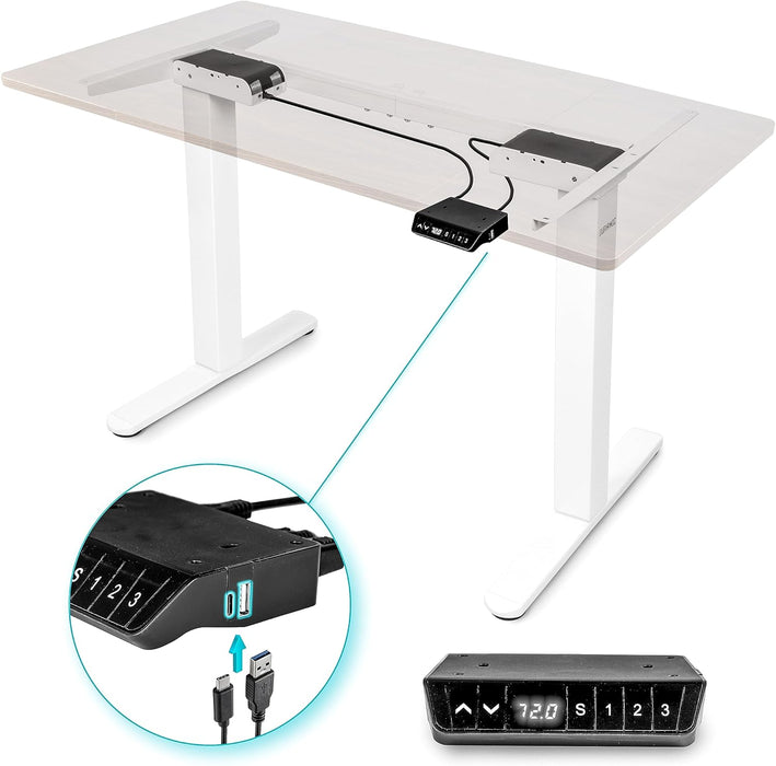 Duronic TM61 WE Structure de Bureau Assis-Debout électrique | Hauteur Ajustable de 72 à 120 cm | Charge maximale de 80 kg | Plateau de 120 140 ou 160 cm vendu séparément | Ports USB et USB-C