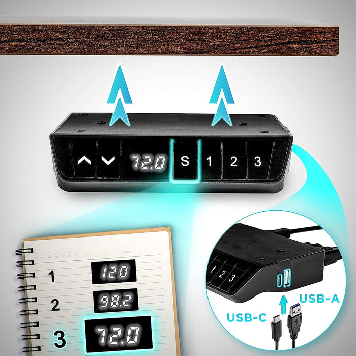 Duronic TM61 BK Structure de Bureau Assis-Debout électrique | Hauteur Ajustable de 72 à 120 cm | Charge maximale de 80 kg | Plateau de 120 140 ou 160 cm Vendu séparément | Ports USB et USB-C