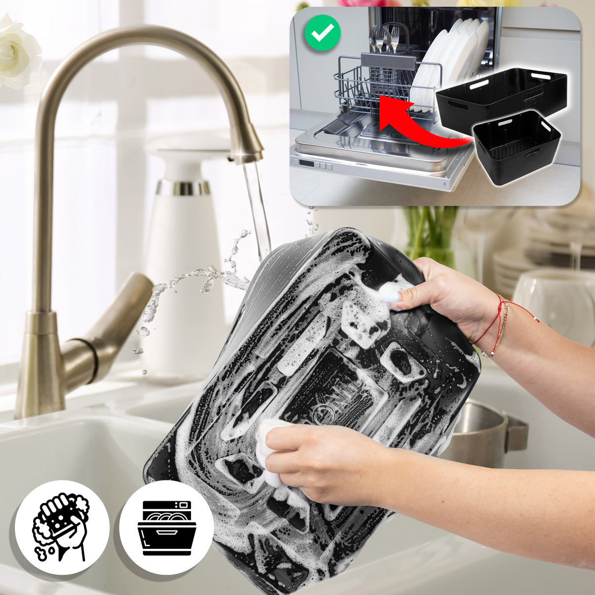 Duronic AFL3 montrant un nettoyage facile à la main ou au lave-vaisselle