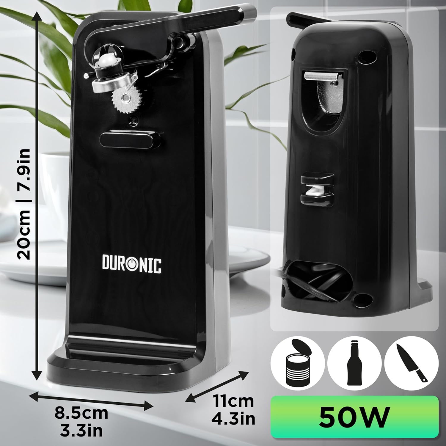 Duronic CO40 BK montrant ses dimensions compactes et sa puissance de 50 W.