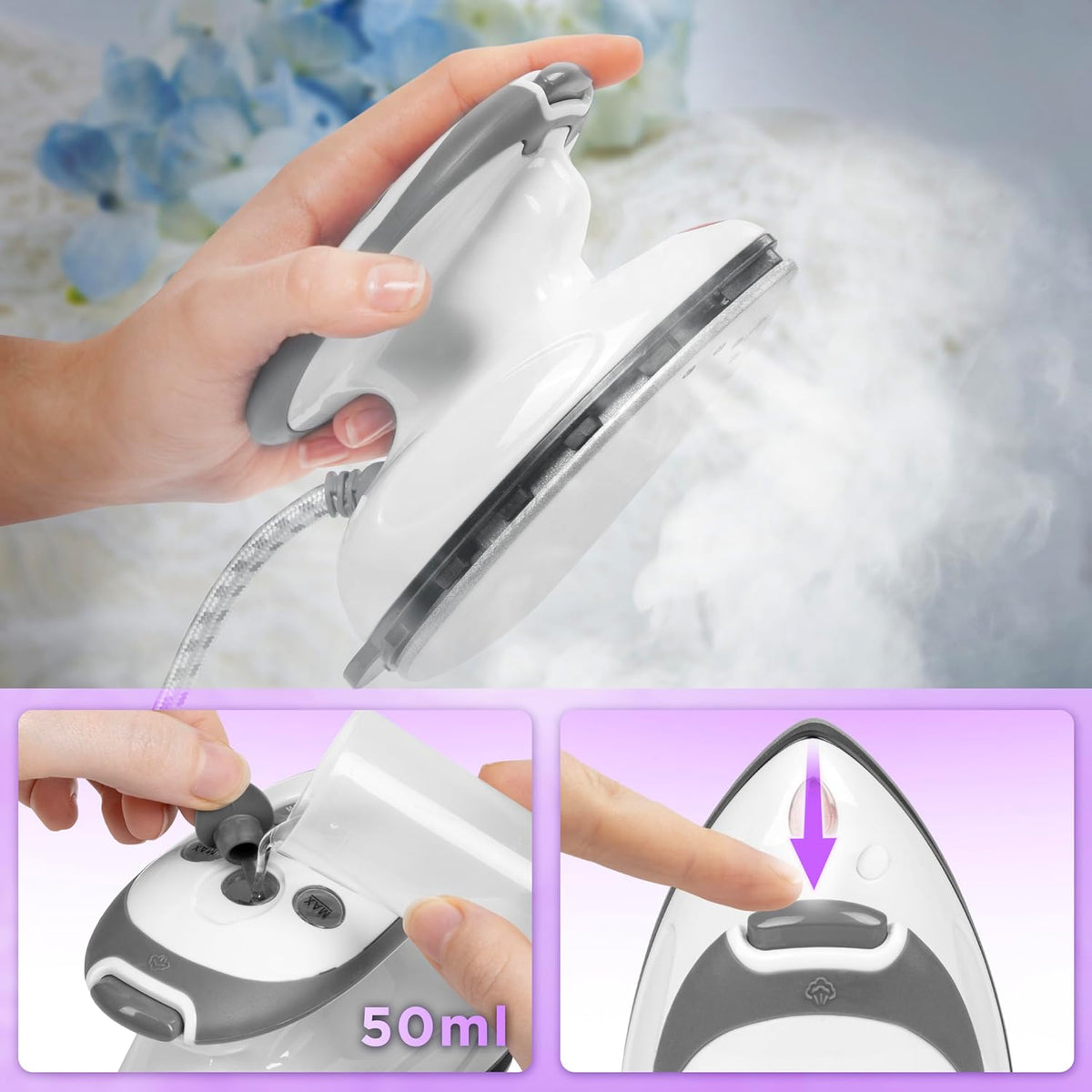 Duronic SI2 WE montrant la fonction vapeur, le réservoir de 50 ml et le bouton de commande.