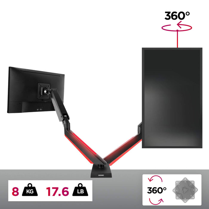 Duronic DMGM5X1 Support de moniteur | 1 écran entre 15 et 32 pouces | Lumière d'ambiance LED rouge | Hauteur ajustable | VESA 75/100 | 8 kg | Bras à gaz | Flexibilité de pivot, rotation et inclinaison
