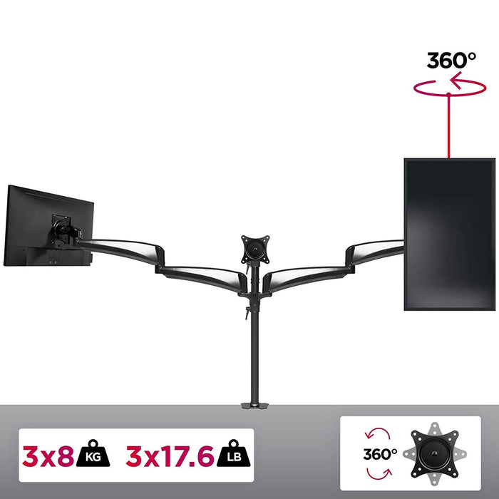 Duronic DM453 Support 3 Ecrans à Pince pour Bureau – Compatibilité VESA 75/100 – Hauteur Ajustable – Rotatif, Inclinable, Pivotable – Passe-câbles Inclus