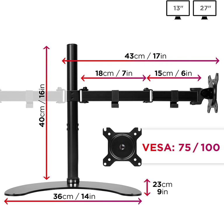Duronic DM15D2 Support pour 2 écrans sur Socle | Pour Moniteurs de 13 à 27 Pouces | Réglage en Hauteur | Charge maximale de 8 kg par Ecran | VESA 75 100