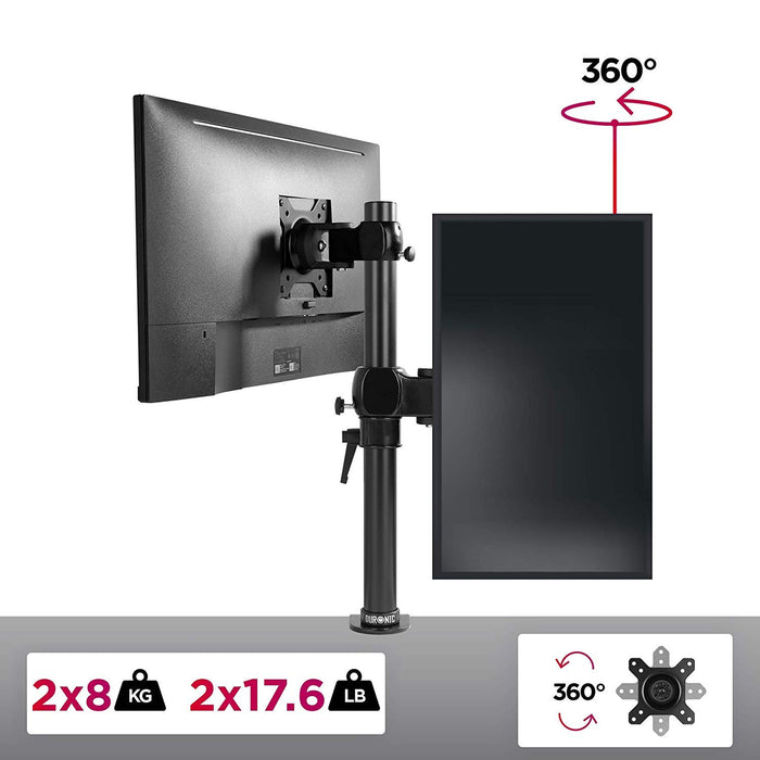 Duronic DM35V2X1 Support Vertical pour 2 écrans à Pince pour Bureau | Hauteur Ajustable | Inclinable/Pivotable | Compatibilité Universelle avec Moniteur VESA 75/100 | Aluminium | Passe câble Inclus