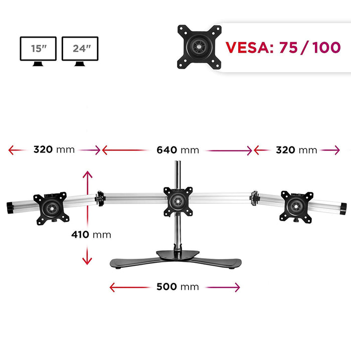 Duronic DM753 Support Triple 3 écrans de PC sur Socle | Hauteur Ajustable | Rotatif et Inclinable | Compatibilité avec Moniteur VESA 75/100 | Potence et Bras en Aluminium | Passe câble Inclus