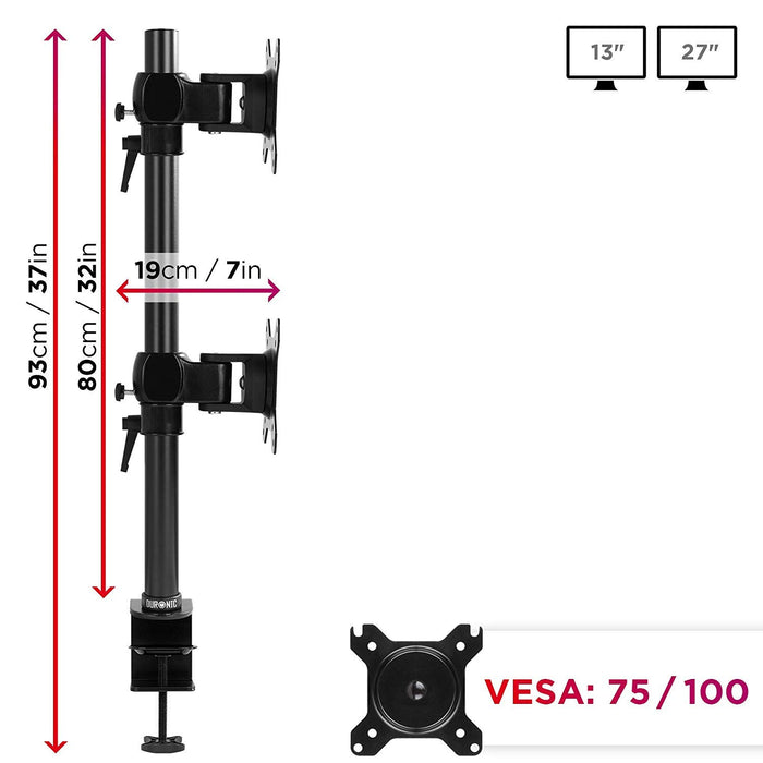 Duronic DM35V2X1 Support Vertical pour 2 écrans à Pince pour Bureau | Hauteur Ajustable | Inclinable/Pivotable | Compatibilité Universelle avec Moniteur VESA 75/100 | Aluminium | Passe câble Inclus