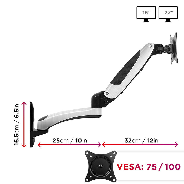 Duronic DM65W1X2 Support Mural d'écran PC | Mécanisme à gaz | Ajustements à la volée | Compatibilité avec moniteurs VESA 75/100 | Revêtement en Chrome | Fixation au Mur | Passe câbles Inclus