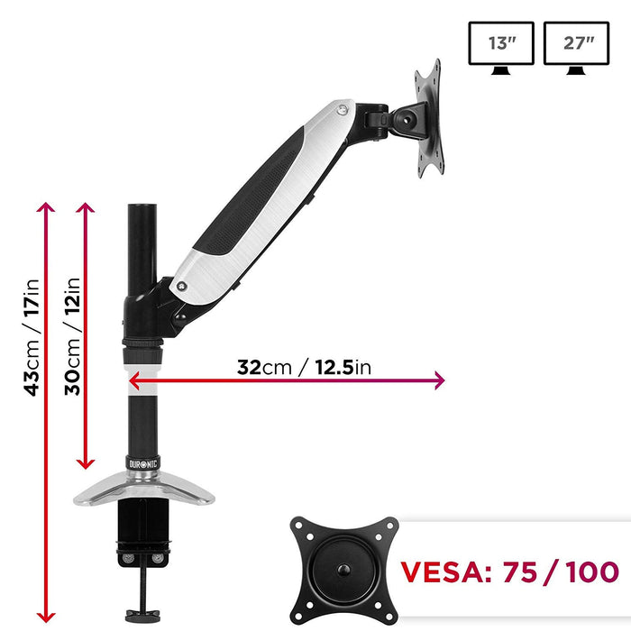 Duronic DM651X1 Support d'écran à pince pour bureau | Mécanisme à gaz | Ajustement à la volée | Hauteur ajustable | Compatibilité avec moniteurs VESA 75/100 | Passe câble inclus | Revêtement en chrome