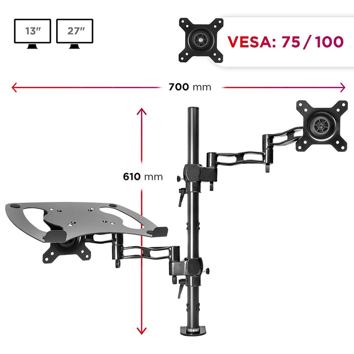Duronic DM35L1X1 Support de Moniteur et Support d'Ordinateur Portable PC à Pince pour Bureau | Rotatif/Inclinable/Pivotable | Compatibilité Universelle avec Moniteur VESA 75/100