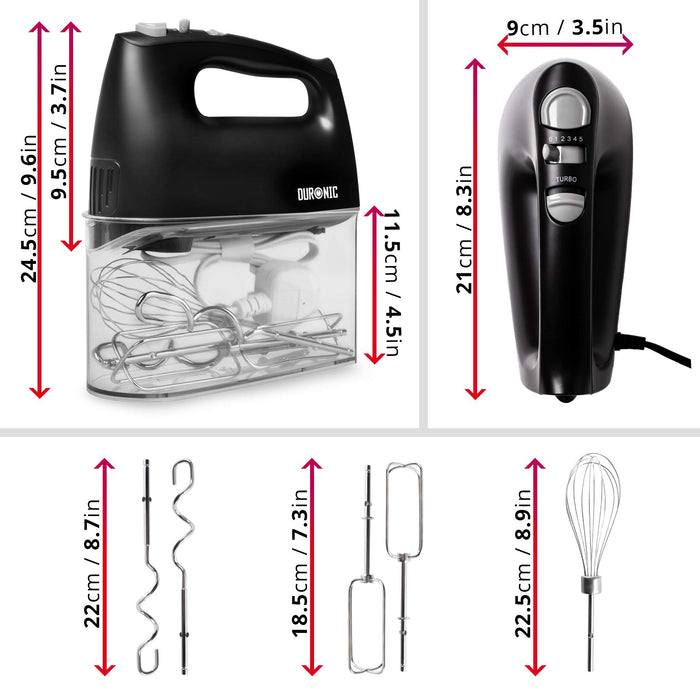 Duronic HM4 BK Batteur électrique cuisine à main 400W | 5 vitesses avec fonction Turbo | Compartiment de rangement | 2 batteurs 2 crochets à pétrir et 1 fouet | Noir