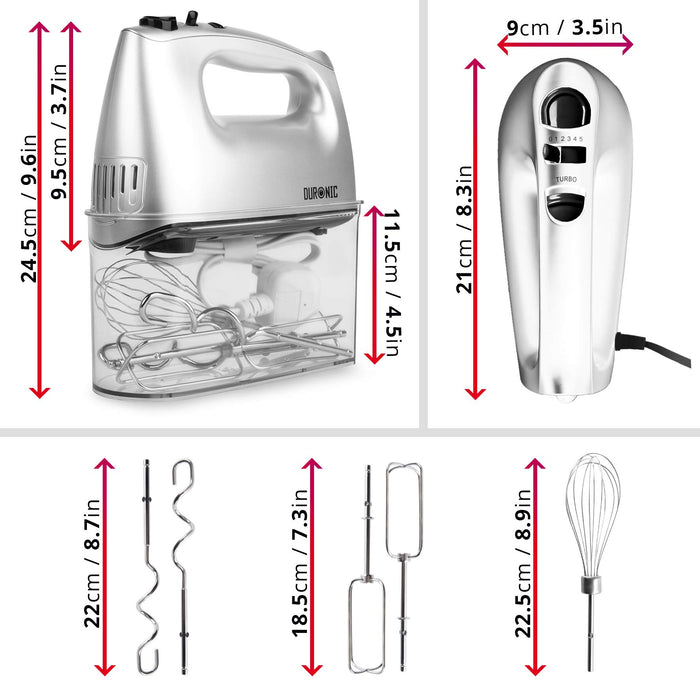 Duronic HM4 SR Batteur électrique cuisine à main 400W | 5 vitesses avec fonction Turbo | Compartiment de rangement | 2 batteurs 2 crochets à pétrir et 1 fouet | Argenté