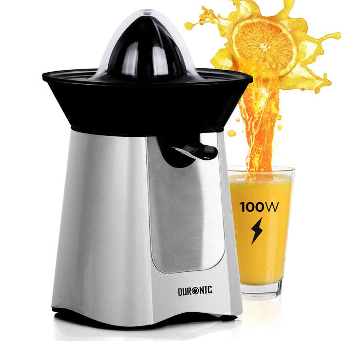 Duronic JE6 SR Presse-agrume électrique compact en inox de 100W - Bec verseur - 2 Cônes interchangeables - Idéal pour jus d'agrumes, citrons et oranges