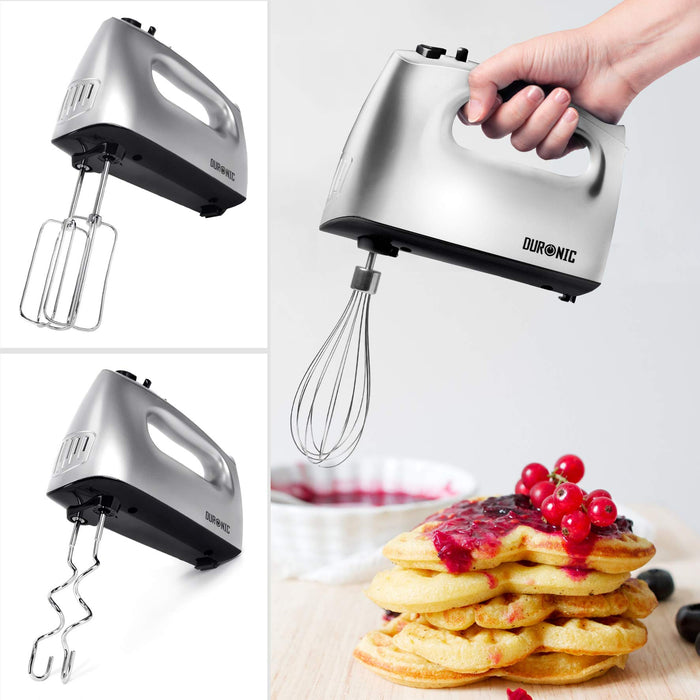 Duronic HM4 SR Batteur électrique cuisine à main 400W | 5 vitesses avec fonction Turbo | Compartiment de rangement | 2 batteurs 2 crochets à pétrir et 1 fouet | Argenté