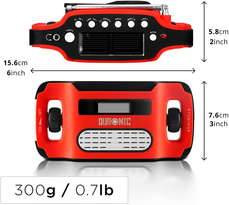 Duronic Apex Radio / Alarme / Lampe Torche / Chargeur USB dynamo et solaire – à affichage numérique Ne nécessite aucune pile