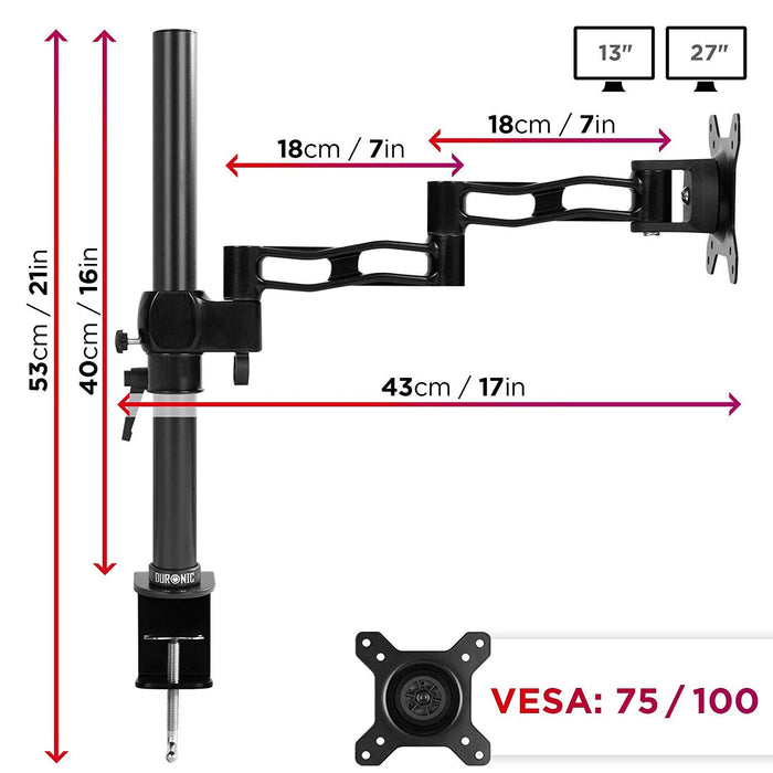 Duronic DM351X3 BK Support d'écran à Pince pour Bureau Noir - Hauteur Ajustable - Rotatif/Inclinable/Pivotable - Compatible avec Moniteur d'Ordinateur LCD/LED VESA 75/100 - 2 Extensions
