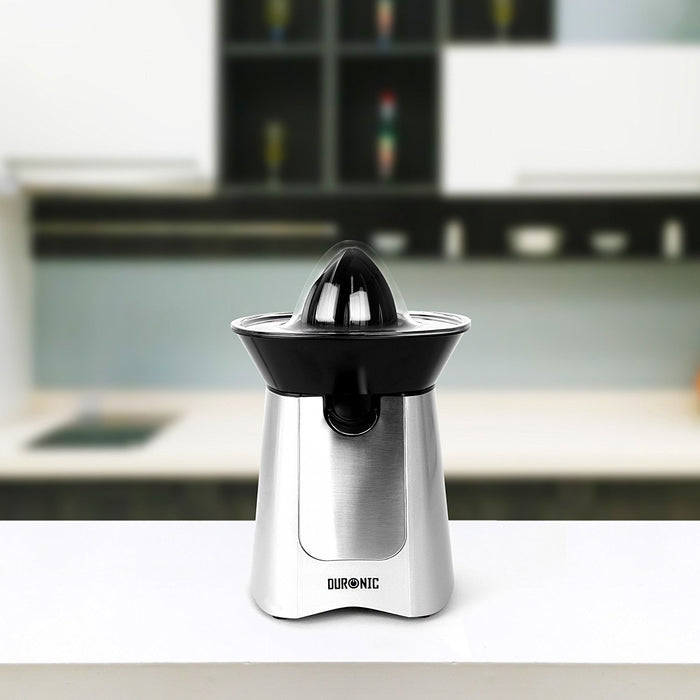 Duronic JE6 SR Presse-agrume électrique compact en inox de 100W - Bec verseur - 2 Cônes interchangeables - Idéal pour jus d'agrumes, citrons et oranges