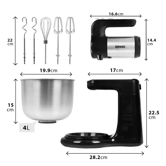 Duronic SM3 Batteur électrique sur socle de 300W avec bol de 4 litres 2 Batteurs 2 Crochets à pétrir 1 Fouet Idéal pour battre des œufs en neige préparer de la crème des génoises et gâteaux