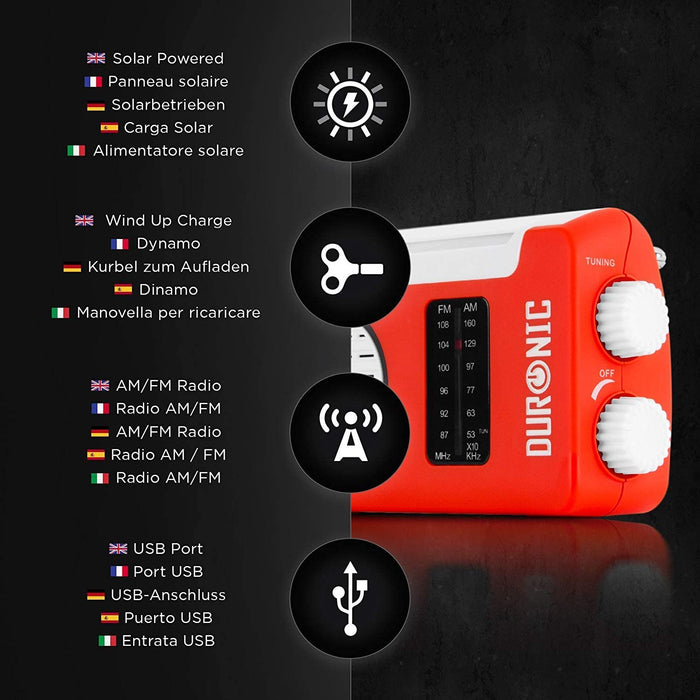 Duronic Hybrid Radio solaire / dynamo / USB – Appareil d’urgence / Idéal pour loisirs d’extérieurs