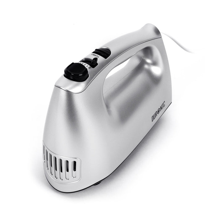 Duronic HM4 SR Batteur électrique cuisine à main 400W | 5 vitesses avec fonction Turbo | Compartiment de rangement | 2 batteurs 2 crochets à pétrir et 1 fouet | Argenté