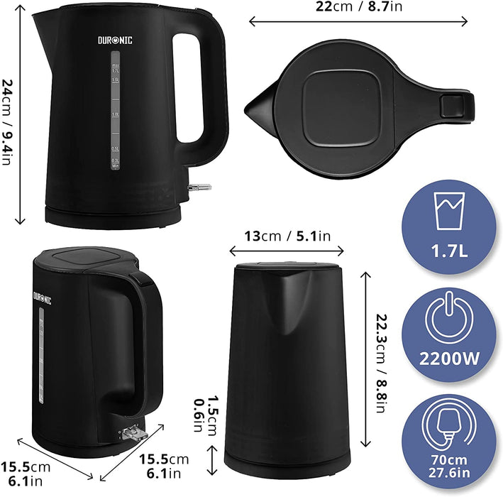 Duronic EK17 BK Bouilloire électrique de 2200W | Design moderne | 1,7 L | Chauffe rapidement | Noir | Base à 360° | Arrêt automatique | Couvercle rabattable
