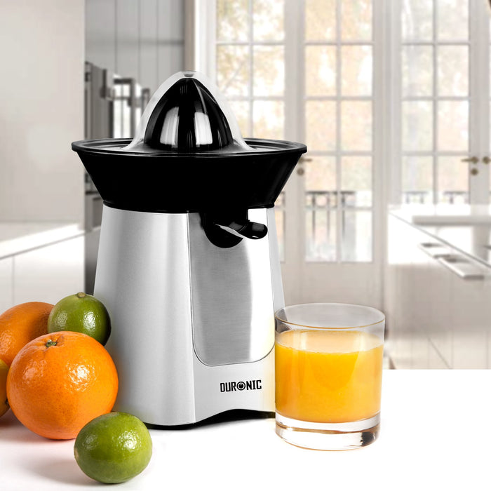 Duronic JE6 SR Presse-agrume électrique compact en inox de 100W - Bec verseur - 2 Cônes interchangeables - Idéal pour jus d'agrumes, citrons et oranges