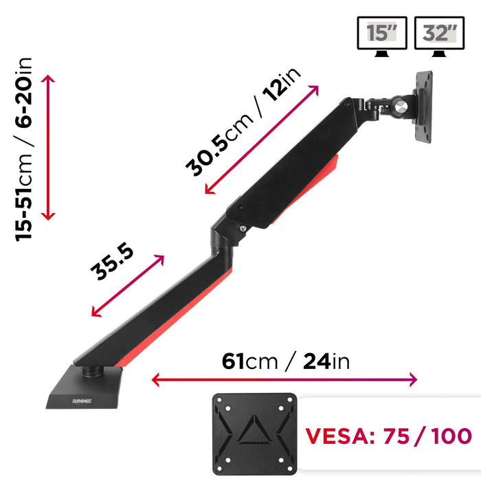 Duronic DMGM5X1 Support de moniteur | 1 écran entre 15 et 32 pouces | Lumière d'ambiance LED rouge | Hauteur ajustable | VESA 75/100 | 8 kg | Bras à gaz | Flexibilité de pivot, rotation et inclinaison