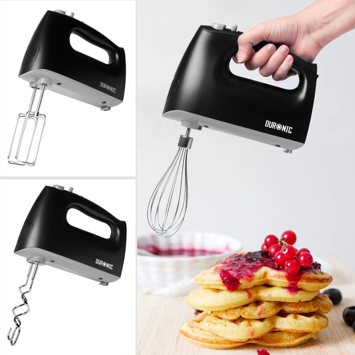 Duronic HM4 BK Batteur électrique cuisine à main 400W | 5 vitesses avec fonction Turbo | Compartiment de rangement | 2 batteurs 2 crochets à pétrir et 1 fouet | Noir