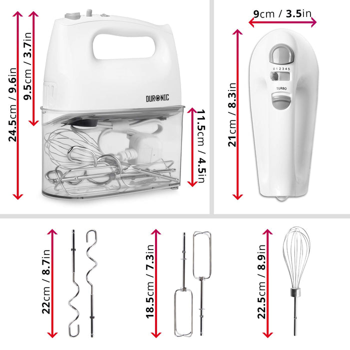 Duronic HM4 WE Batteur électrique cuisine à main 400W | 5 vitesses avec fonction Turbo | Compartiment de rangement | 2 batteurs 2 crochets à pétrir et 1 fouet | Blanc