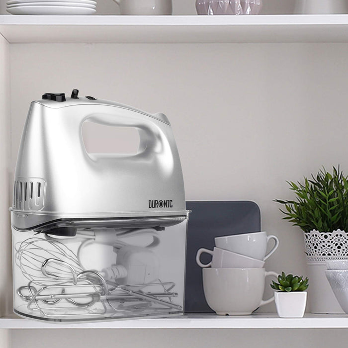 Duronic HM4 SR Batteur électrique cuisine à main 400W | 5 vitesses avec fonction Turbo | Compartiment de rangement | 2 batteurs 2 crochets à pétrir et 1 fouet | Argenté