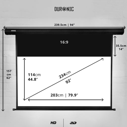 Duronic EPS92 /169 Ecran de Projection électrique 92 Pouces 16:9/203 x 114 cm - Fixation Mur ou Plafond - 4K Full HD 3D