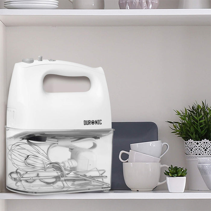 Duronic HM4 WE Batteur électrique cuisine à main 400W | 5 vitesses avec fonction Turbo | Compartiment de rangement | 2 batteurs 2 crochets à pétrir et 1 fouet | Blanc