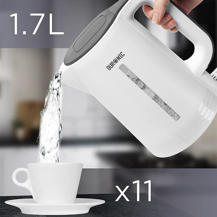 Duronic EK17 WE Bouilloire électrique de 2200W | Design moderne | 1,7 L | Chauffe rapidement | Blanc | Base à 360° | Arrêt automatique | Couvercle rabattable