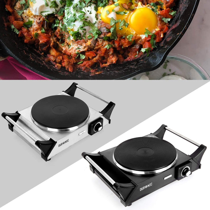 Duronic HP1 BK Plaque de cuisson chauffante électrique avec foyer en fonte de 20 cm | 1500W | Compacte et mobile | Poignées ergonomiques | Thermostat | Cuisinière pour camping, camping-car, caravane