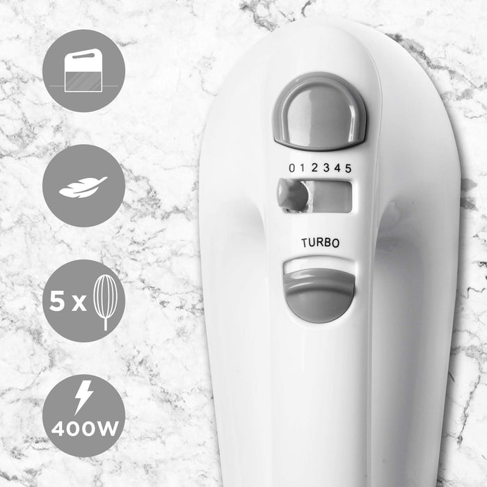 Duronic HM4 WE Batteur électrique cuisine à main 400W | 5 vitesses avec fonction Turbo | Compartiment de rangement | 2 batteurs 2 crochets à pétrir et 1 fouet | Blanc