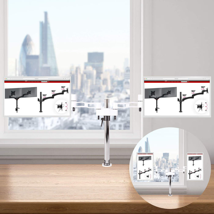 Duronic DM352 WE Support de 2 moniteurs à Pince pour Bureau - Hauteur Ajustable - Rotatif/Inclinable/Pivotable - Compatible avec moniteurs LCD/LED VESA 75/100 - Potence et Bras en Aluminium