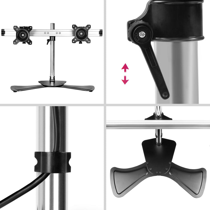 Duronic DM752 Support Double 2 écrans de PC sur Socle Hauteur Ajustable Rotatif et Inclinable Compatibilité avec Moniteur VESA 75/100 Potence et Bras en Aluminium Passe câble inclus
