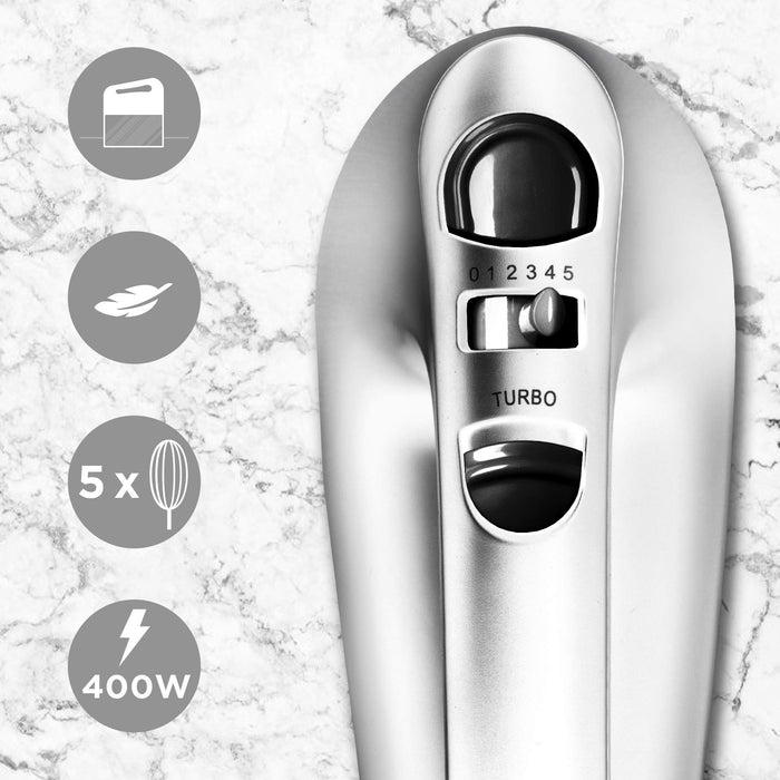 Duronic HM4 SR Batteur électrique cuisine à main 400W | 5 vitesses avec fonction Turbo | Compartiment de rangement | 2 batteurs 2 crochets à pétrir et 1 fouet | Argenté